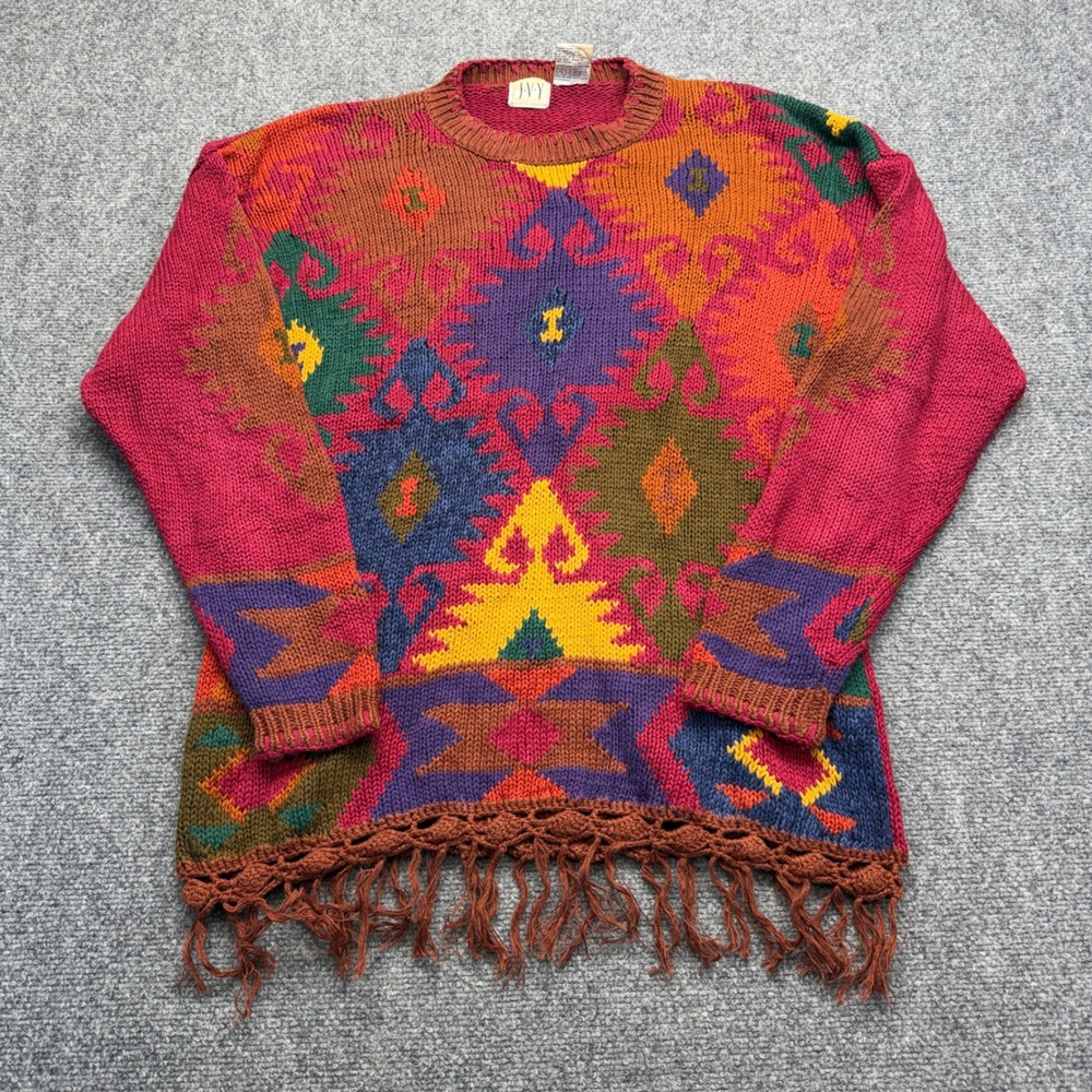 Vintage IVY Southwest Geometric Fringe‎ Sweater Womens Large Ramie Cotton Knit